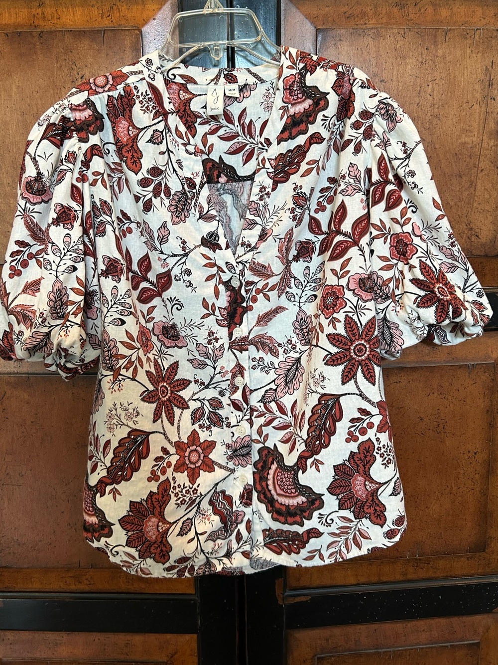 Joie White Button-Front Puff Sleeve Floral Blouse with Rust and Black Print
